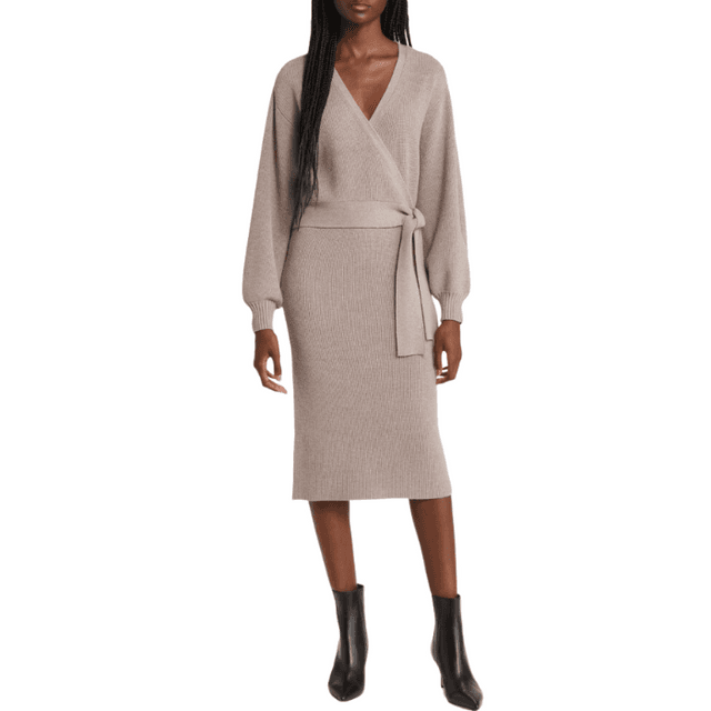 Charles Henry Long Sleeve Faux Wrap Sweater Dress