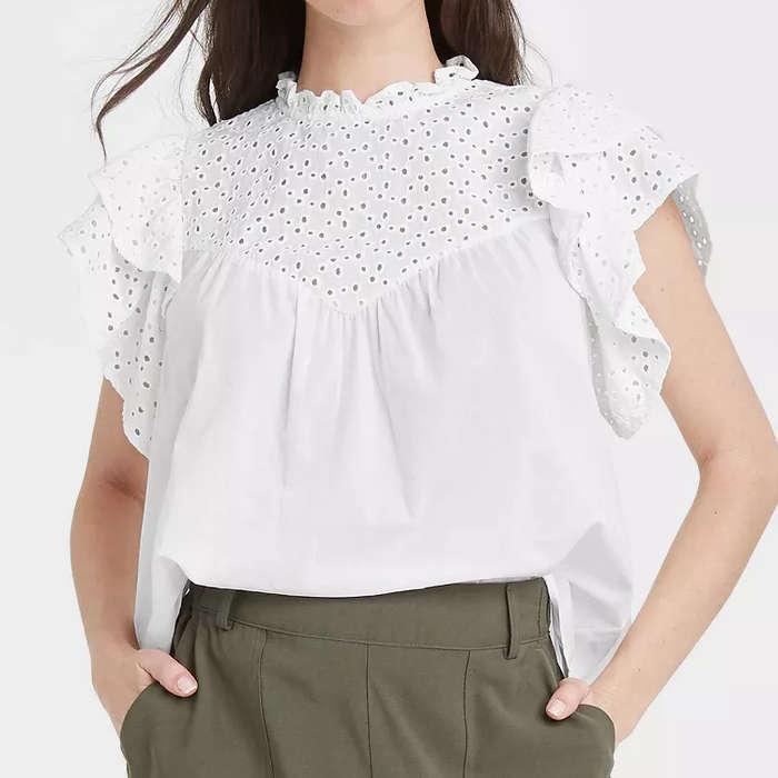 A New Day Flutter Short Sleeve Eyelet Top