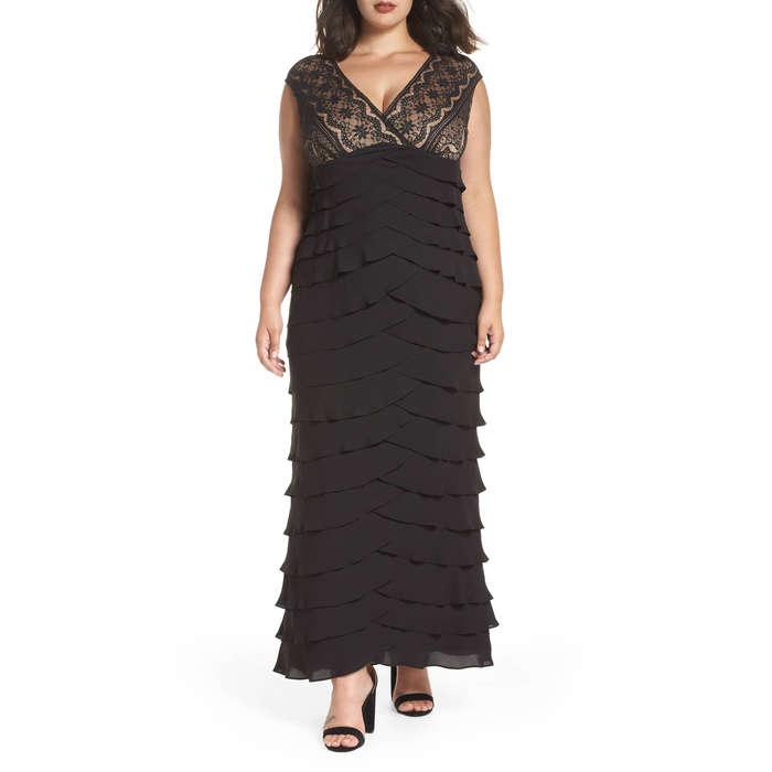 Adrianna Papell Lace & Shutter Pleat Gown