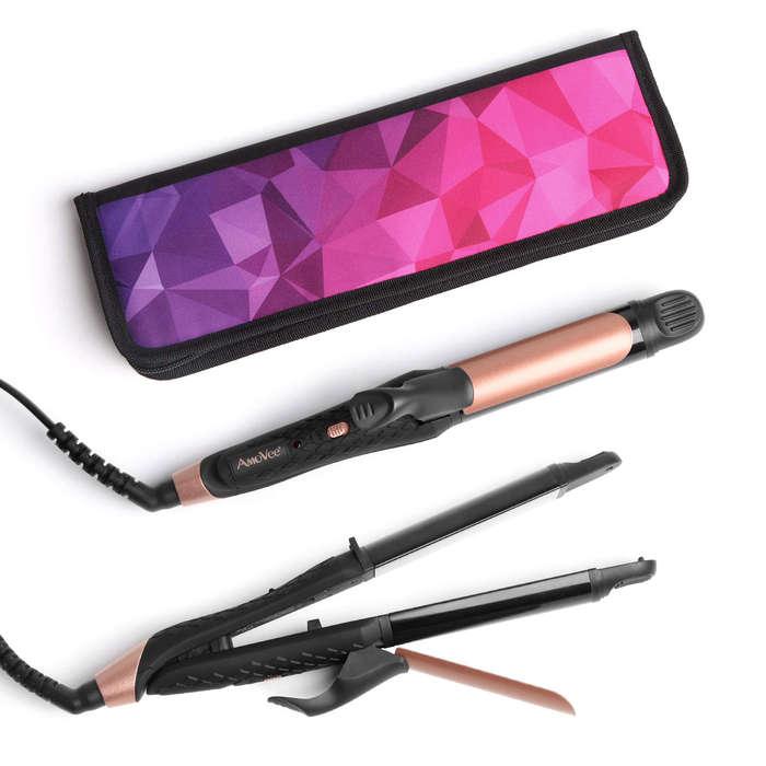 AmoVee 2 in 1 Mini Flat Iron Curling Iron Travel Hair Straightener