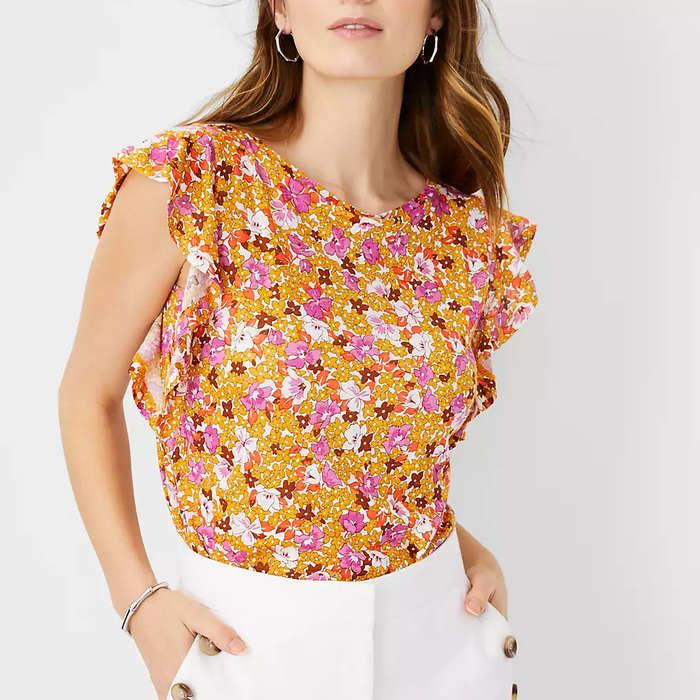 Ann Taylor Floral Linen Flutter Sleeve Tee