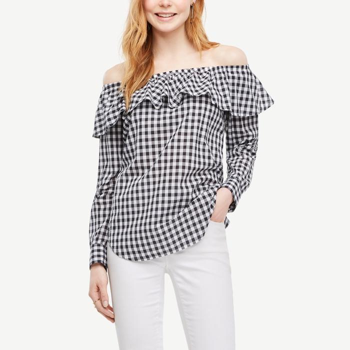 Ann Taylor Gingham Off The Shoulder Blouse