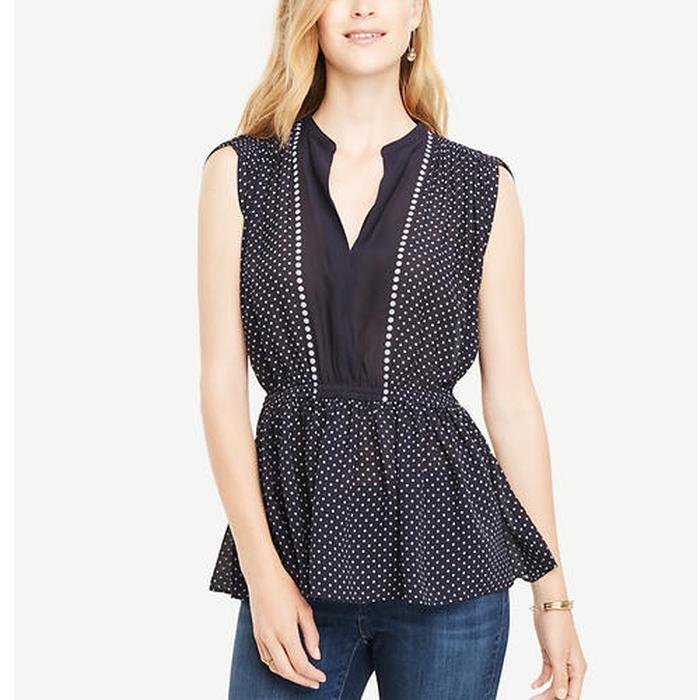 Ann Taylor Shirred Waist Dotted Top