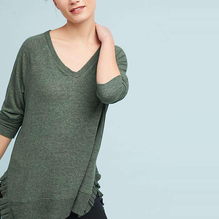 Anthropologie Brushed Fleece V-Neck Pullover