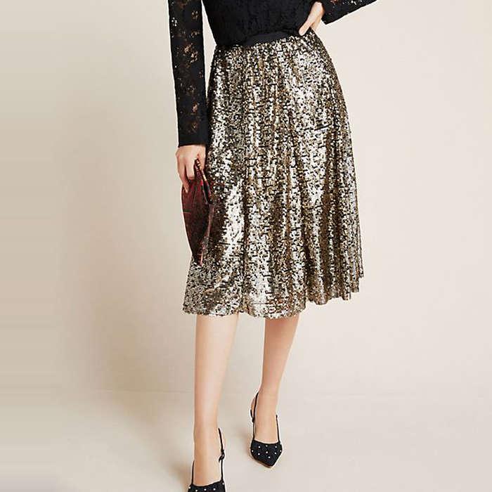 Anthropologie Orleans Sequined Midi Skirt