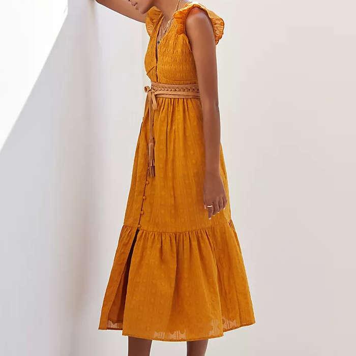 Anthropologie Smocked Ruffle Maxi Dress