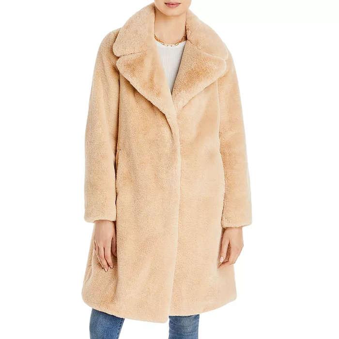 Aqua Faux-Fur Coat With Wide Lapels