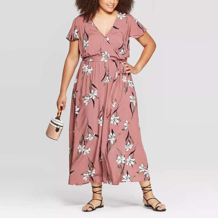 Ava & Viv Plus Size Floral Print Short Sleeve V-Neck Maxi Wrap Dress