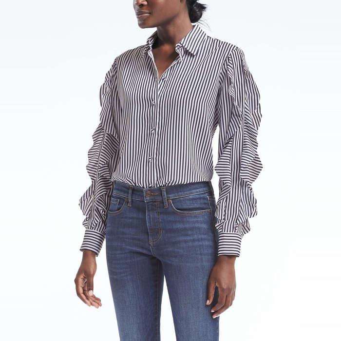 Banana Republic Dillon-Fit Stripe Cascade Ruffle-Sleeve Shirt