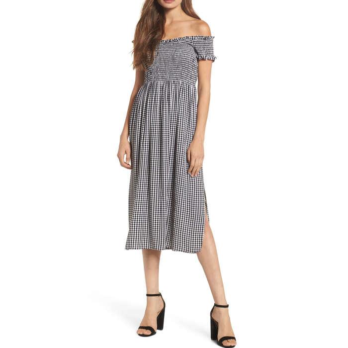 Bardot Gingham Off The Shoulder Midi Dress