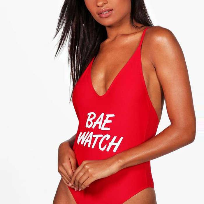 Boohoo Catalina Bae Watch Slogan Scoop High Neck Swimsuit