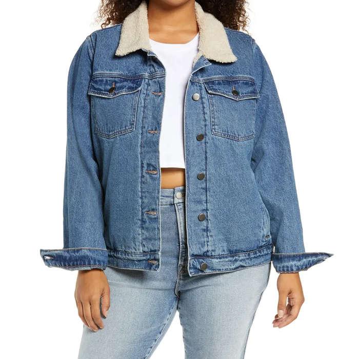 BP Denim Trucker Jacket With Faux Shearling Collar