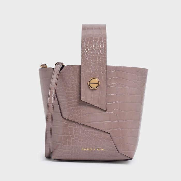 Charles & Keith Croc-Effect Wristlet Handle Bucket Bag