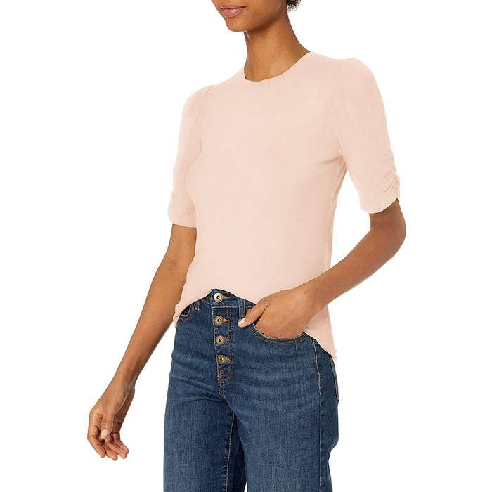 Daily Ritual Rayon Spandex Fine Rib Gathered-Sleeve Mock Neck Top