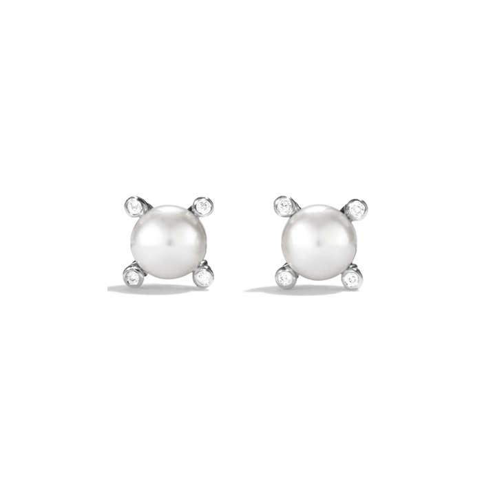 David Yurman Small Pearl Earrings With Diamonds