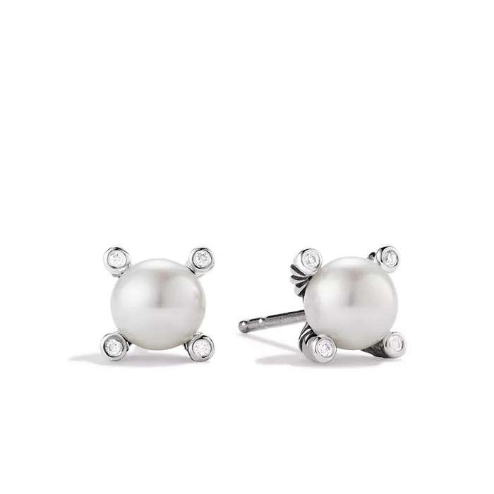 David Yurman Small Pearl Earrings With Diamonds