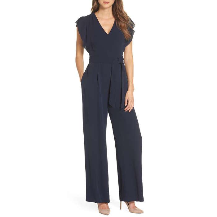 Eliza J Flutter Sleeve Crepe Wide Leg Jumpsuit