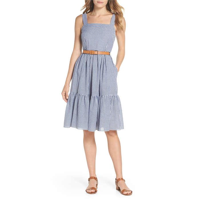 Eliza J Ruffle Hem Seersucker Check Fit & Flare Dress