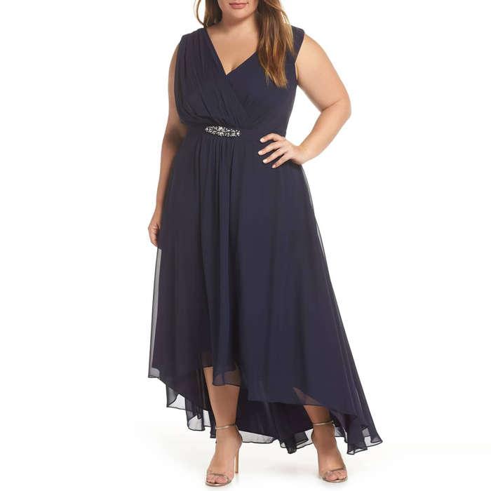 Eliza J Wrap Look High/Low Chiffon Dress