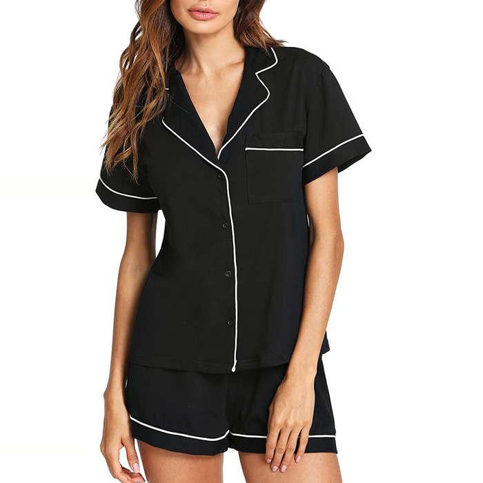 Floerns Notch Collar Short Sleeve Sleepwear Two Piece Pajama Set