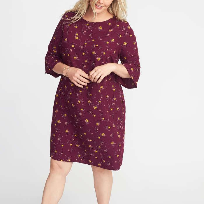 Floral-Print 3/4-Sleeve Shift Dress