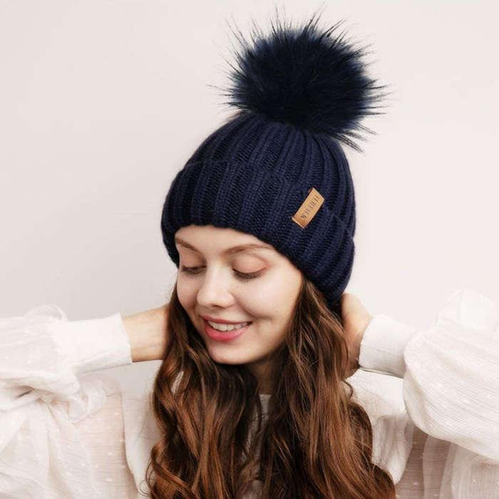 FURTALK Beanie Hat With Faux Fur Pom