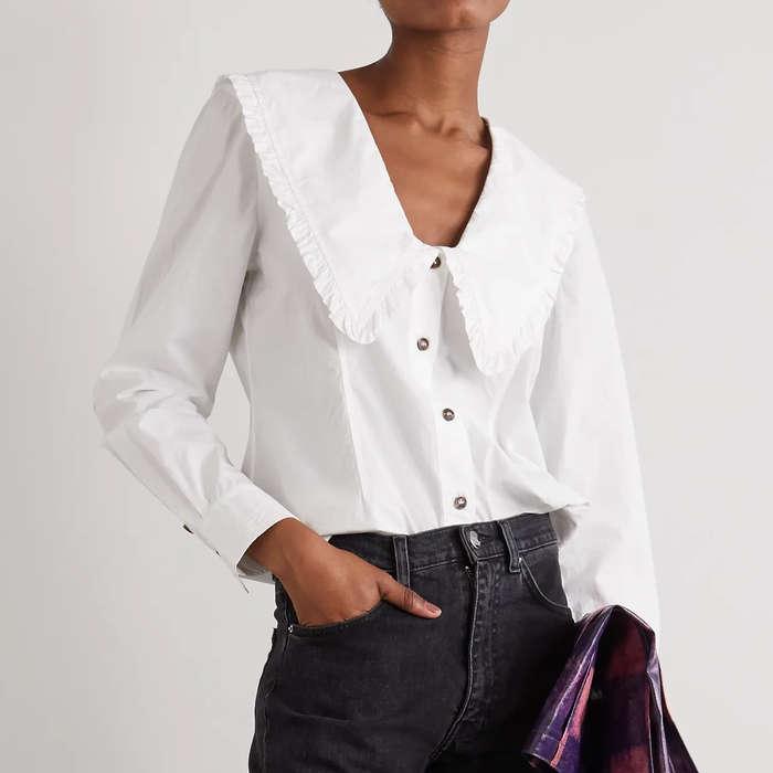 Ganni Ruffle Collar Cotton Poplin Shirt