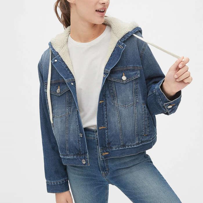 Gap Sherpa-Lined Crop Denim Hoodie Jacket