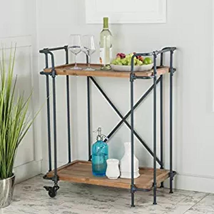 GDF Studio Waldman Antique Finish FIr Wood and Iron Coffee Cart