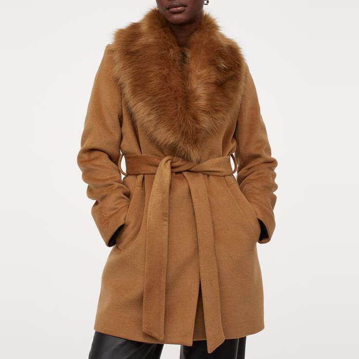 H&M Coat With Faux Fur Collar