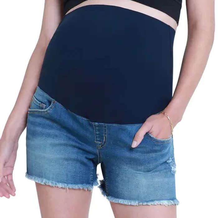 Ingrid & Isabel Over the Bump Cutoff Denim Maternity Shorts