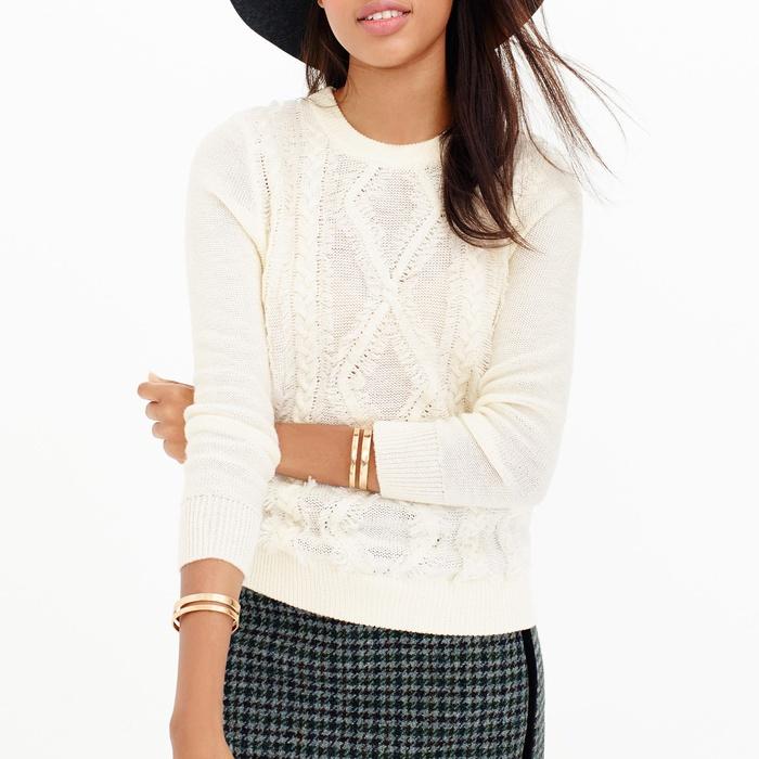 J. Crew Cable Crewneck Sweater with Fringe