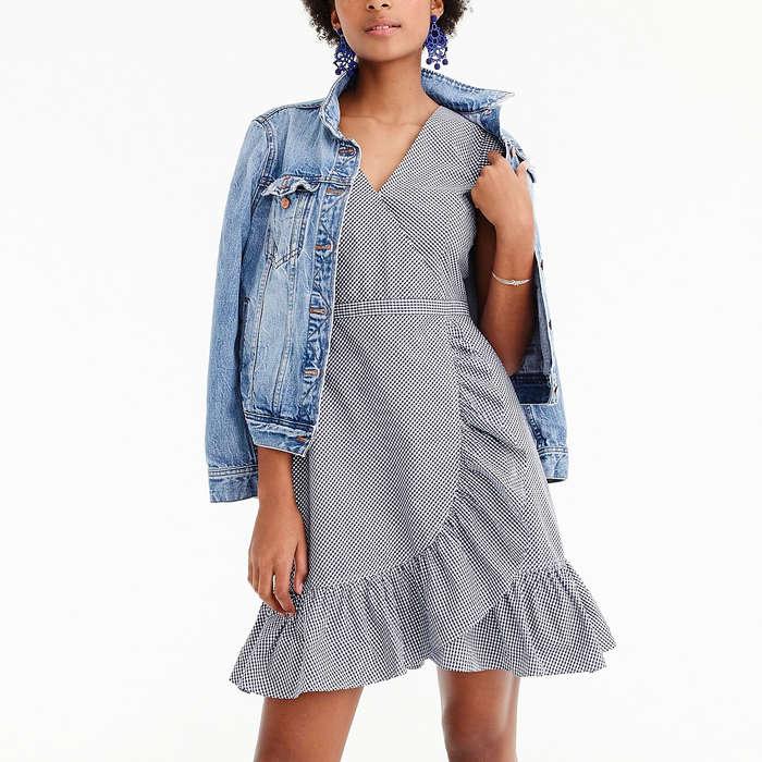 J.Crew Faux-Wrap Mini Dress In Gingham Cotton Poplin