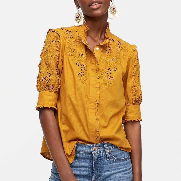 J.Crew Mockneck Embroidered Blouse