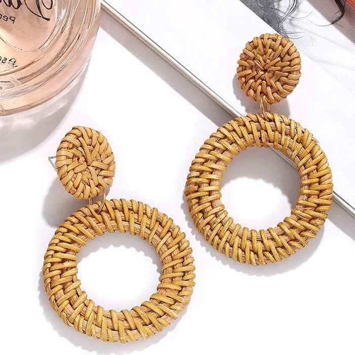 Jertocle Weave Straw Double Disc Drop Earrings