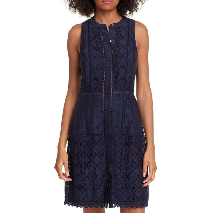 Joie Zakari Eyelet Detail Cotton & Silk Sleeveless Dress