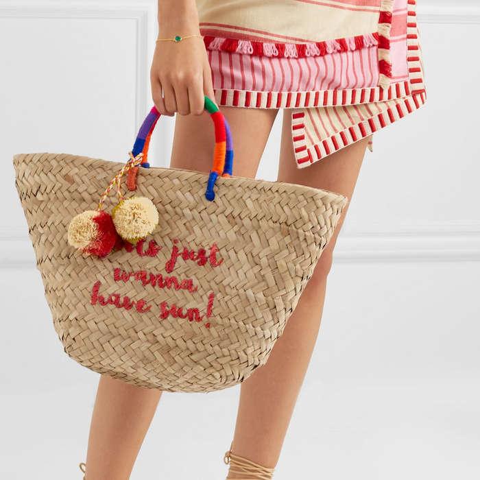 Kayu St Tropez Pompom Embellished Embroidered Woven Straw Tote