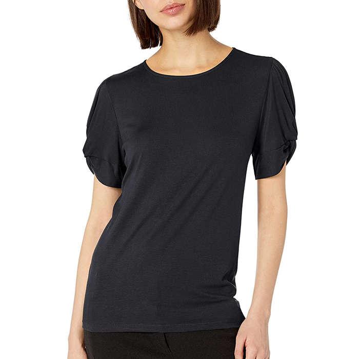 Lark & Ro Crew Neck Twist Detail Short Sleeve Knit Top