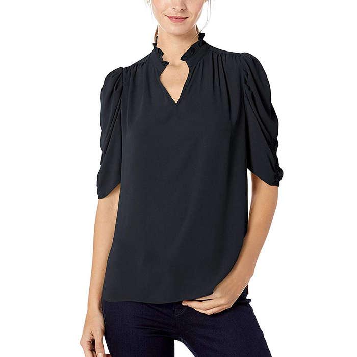 Lark & Ro Half Sleeve Ruffle Neck Woven Blouse