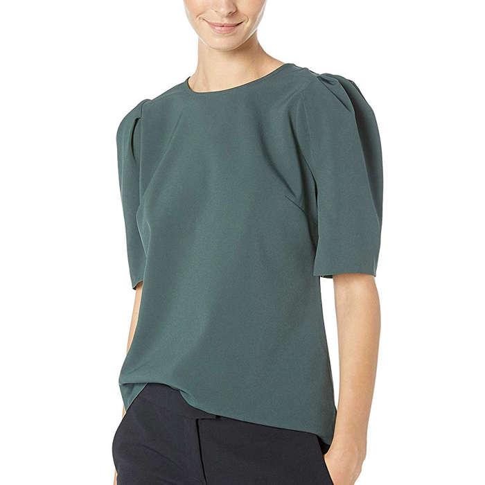 Lark & Ro Stretch Woven Half Sleeve Crew Neck Shirt