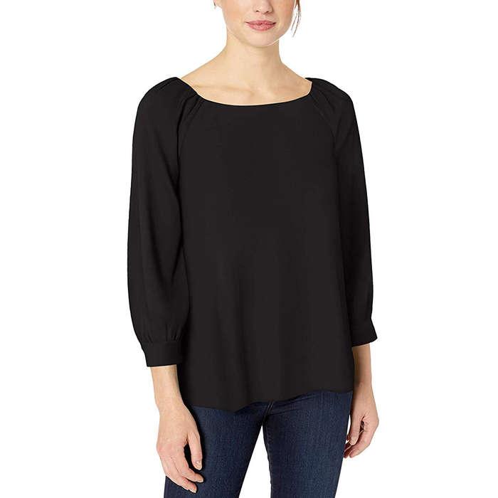 Lark & Ro Three Quarter Sleeve Crew Neck Gathered Blouse