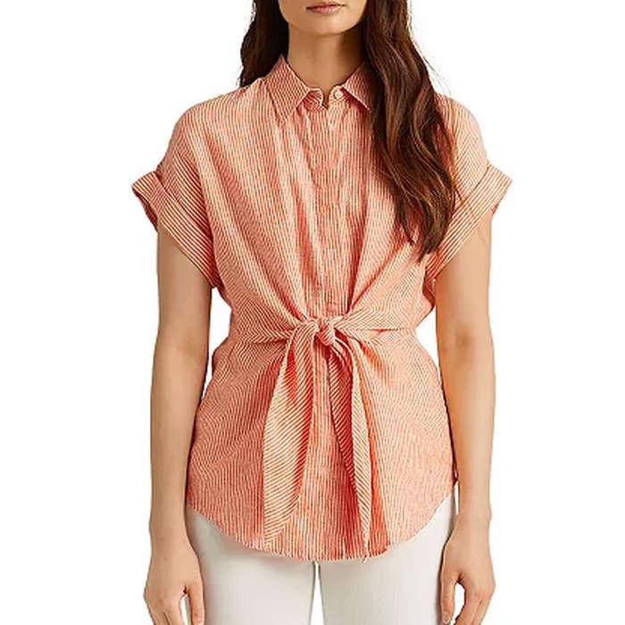 Lauren Ralph Lauren Linen Striped Tie Front Shirt