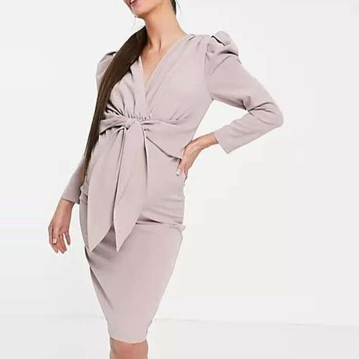 Little Mistress Maternity Puff Shoulder Tie Front Detail Midi Dress In Mink