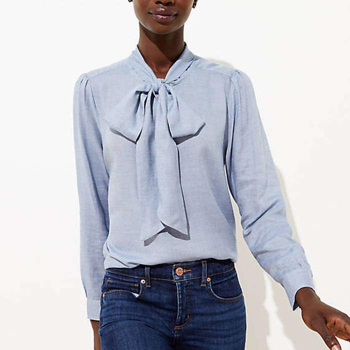 Loft Chambray Tie Neck Blouse