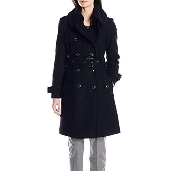 London Fog Wool Blend Detachable Faux Shearling Collar Trench Coat