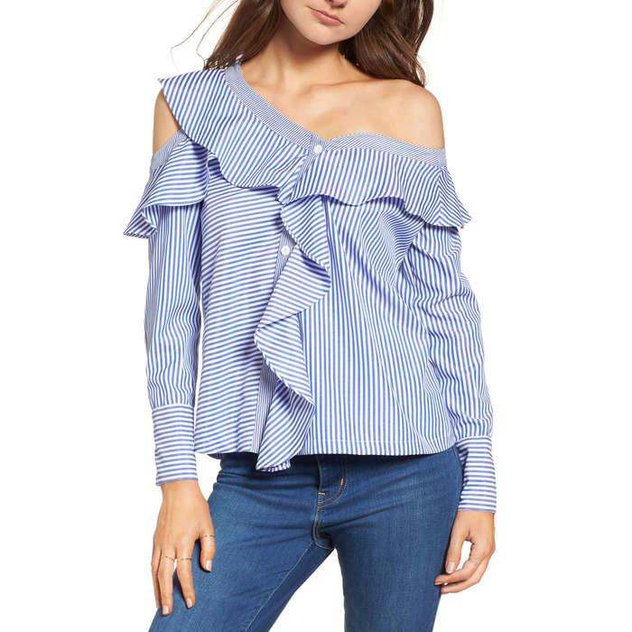 Lost + Wander Asymmetrical Open Shoulder Ruffle Top