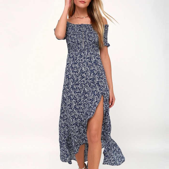 Lulu's Fleur-Tation Floral Print Off-The-Shoulder Midi Dress