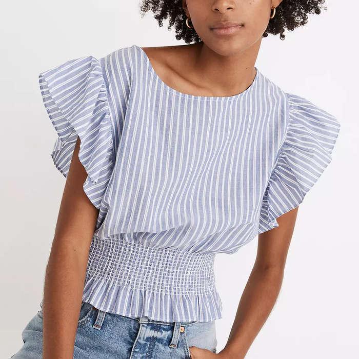 Madewell Flutter-Sleeve Smocked Top In Stripe