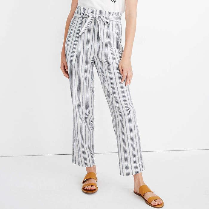 Madewell Linen-Cotton Paperbag Pants In Dark Baltic Stripe