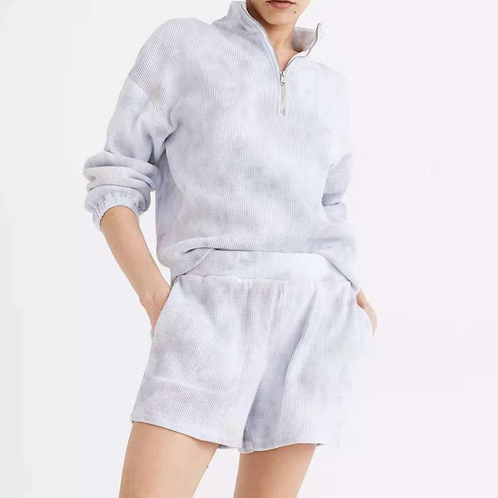 Madewell MWL Waffle Half-Zip Shirttail Sweatshirt And Waffle Pull-On Sweatshorts In Tie-Dye